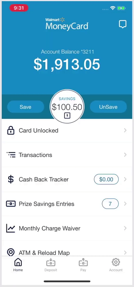 Walmart Money Card app interface