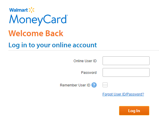 Walmart Money Card login page