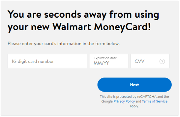 Walmart Money Card registration form